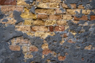 Grey plaster crumbling from a dilapidated brick wall, Venice, Veneto, Italy, Europe