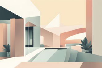 Abstract wallpaper illustration representing luxury real estate lifestyle with geometric shapes, AI