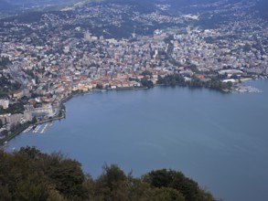 View of Lake Lugano and the city of Lugano from Monte San Salvatore, Canton Ticino, Switzerland,