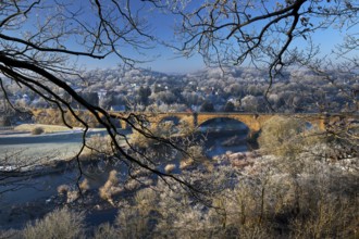 View of the Ruhr and the viaduct with hoarfrost in winter, Witten, Ruhr area, North