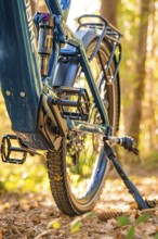 Detailed view of the pedals of an electric bike in the forest, e-bike, forest bike, Calw, district