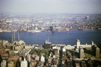 View over Manhattan and East River and Newtown Creek on Long Island, New York, USA 1964