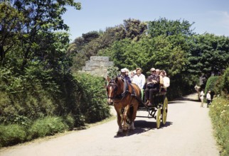 Touristen bei einer Fahrt mit der Pferdekutsche, Sark, Guernsey, Kanalinseln, Großbritannien, Juni