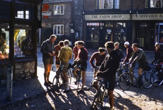 Male members of a cycling club ride Otford, Kent, England, UK 1956