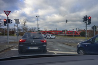 Traffic jam in front of a level crossing with barriers, Eckental, Middle Franconia, Bavaria,