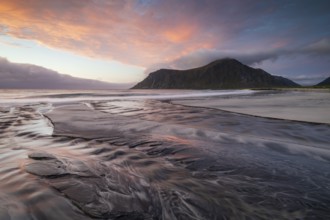 Sunset on the beach at Skagsanden, Flakstad, Lofoten, Norway, Europe