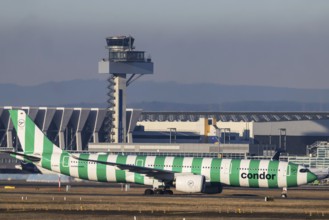 Aircraft of the holiday airline Condor in front of Tower and Hagar. Aircraft registration number: