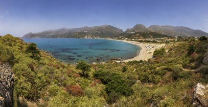 View from the Sarella peninsula to the bay and beach of Plakias, south coast, Crete, Greece, Europe