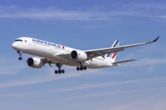 An Air France Airbus A350-900 aircraft with the registration number F-HTYR at Los Angeles Airport,