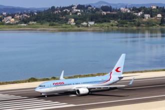 A Boeing 737-800 aircraft of Neos with the registration EI-HIL at Corfu Airport, Greece, Europe