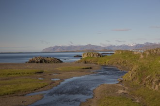 A creek flowing through green meadows at the coast with the ocean and blue sky in the background.