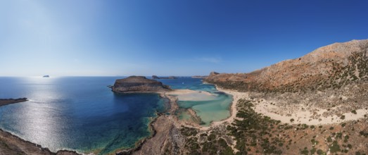 Drone shot, beach and bay of Balos, Gramvousa peninsula, Kolimbari, West Crete, Crete, Greece,