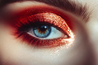 Close up of woman's blue eye with orange-red eye makeup with glitter. Generative Ai, AI generated