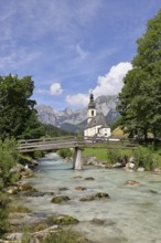 Parish church of St Sebastian with Ramsauer Ache, Reiteralpe in the background, Ramsau,