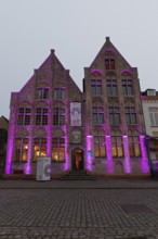 Medieval houses with illuminated facades, Eulenspiegel Museum, twilight, Damme, West Flanders,