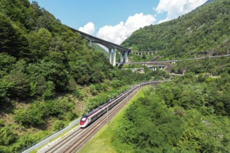 Railway passenger train of the type Stadler Flirt of the Südostbahn on the Gotthard railway Aerial