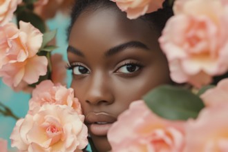 Face of young beautiful black woman surrounded by peach colored rose flowers. Generative Ai, AI