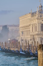 Gondolas lying in the water in front of the doges palace on a foggy morning at sunrise in Venice in