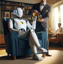 A humanoid robot sits in an armchair and is served by a human butler who pours a glass of oil,