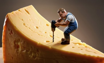 A little man drills holes in Swiss cheese with a pneumatic drill, symbolic image hard cheese, food,