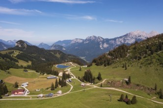 Drone shot, Hochalm, Loferer Alm with view to the Reiteralpe, Lofer, Pinzgau, Land Salzburg,