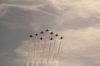 BAE Systems Hawk nine aircraft of the RAF Royal air force Red Arrows display team flying, England,