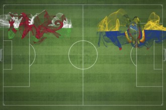 Wales vs Ecuador Soccer Match, national colors, national flags, soccer field, football game,