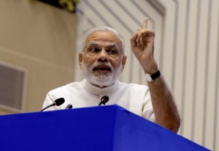 Prime Minister Narendra Modi speaks during the inauguration ceremony of India Sanitation Conference