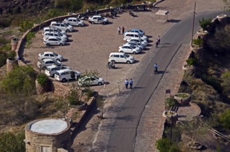 Cars parking lot of Mehrangarh Fort, Jodhpur, Rajasthan, India, Asia