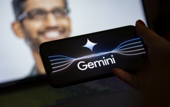 Guwahati, India. 8 December 2023. In this photo illustration a Gemini logo is displayed on a