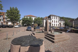 Obermarkt with fountain and historical 3D model, miniature of Gelnhausen, Hesse, Germany, Europe