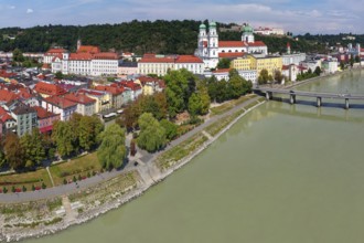 Aerial view, River Inn, Marienbrücke, St. Stephan's Cathedral, Old Town, Three Rivers City of