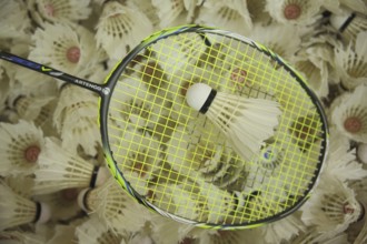 Badminton racket with shuttlecocks, pile, amount, number, much, sport, badminton, game ball, sports