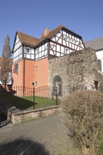 Half-timbered house with historic town wall, Bad Soden, Bad Soden-Salmünster, Spessart, Hesse,