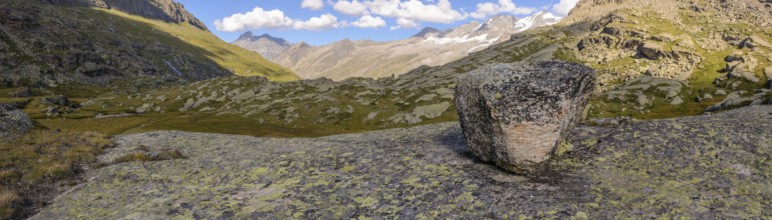 Rock placed in a valley in the Italian Alps. Valsavarenche, Aosta, Great Paradis national park,