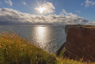 Red red sandstone cliff edge, Heligoland high sea island, backlight, North Sea, blue sky, Pinneberg