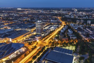 MUNICH, GERMANY, MAY 11: Aerial view of BMW Museum & BWM Welt & factory from Olympic Tower in the