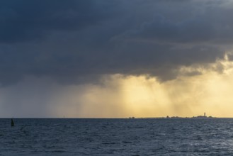 North Sea island of Pellworm in the evening light, seen from the peninsula of Nordstrand,