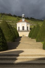 Belvedere in Wackerbarth Castle Park with vineyards in sunshine and rain cloud, Radebeul, Saxony,