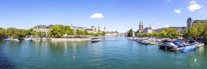 Zurich Skyline City on the River Limmat Panorama in Zurich, Switzerland, Europe