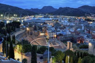 Teatro Romano, blue hour, Roman amphitheater, in the old town of Cartagena, Murcia region, Spain,