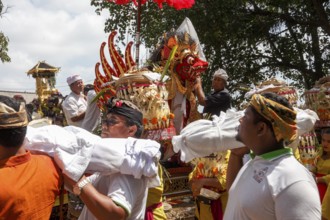 Gianyar, Bali, Indonesia, the remains of a human being are placed in an animal sarcophagus during