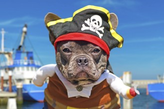 Portrait of French Bulldog dog dressed up in pirate costume with hat and hook arm