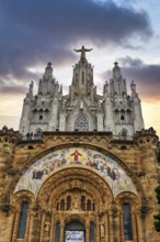 Sagrat Cor church with statue of Christ, evening sky, Tibidabo, Barcelona, Catalonia, Spain, Europe