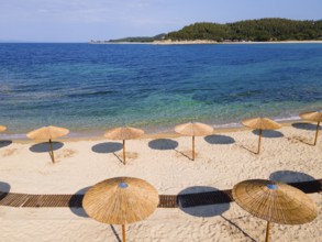 Aerial view, sunshades, Ema beach, Toroni, Torone, Sithonia, Chalkidiki, Central Macedonia, Greece,