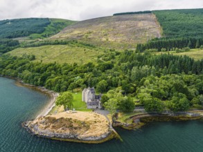 Dunderave Castle from a drone, Loch Fyne, Argyll, Scotland, UK