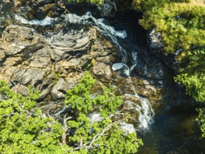 Top Down view of Eas Fors Waterfall from a drone, Isle of Mull, Scottish Inner Hebrides, Scotland,