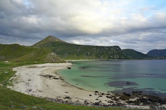 Fine sandy beach with emerald green water, Haukland, Vestvågøy Nordland, Norway, Europe