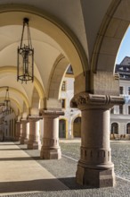 Arcade of New Town Hall building, Lower Market Square, Untermarkt, Görlitz, Goerlitz, Germany,