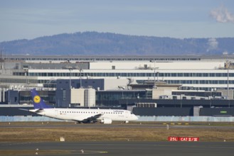 Airport during the corona crisis runway with Lufthansa airplane, Frankfurt am Main, Hesse, Germany,